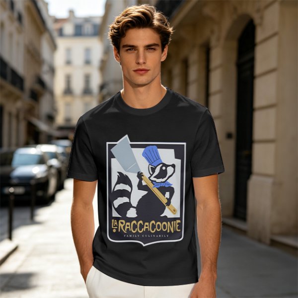 Olive green t-shirt with raccoon chef graphic and text