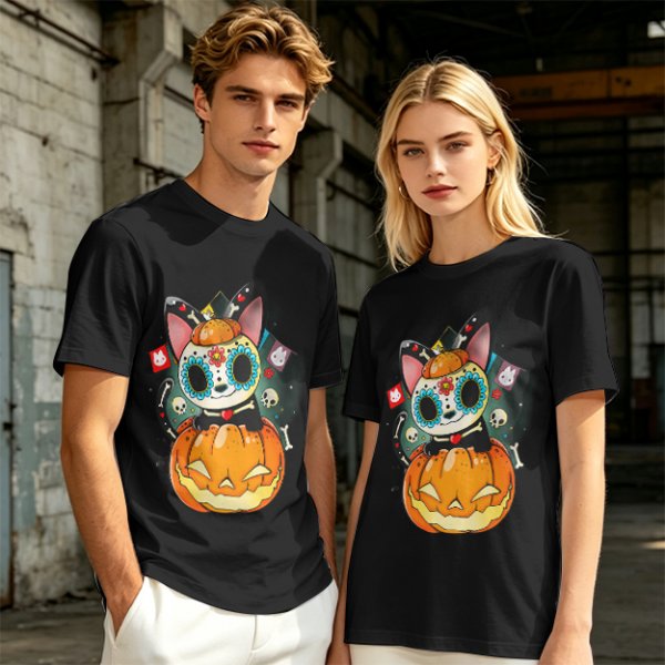 Olive t-shirt with sugar skull cat on jack-o'-lantern
