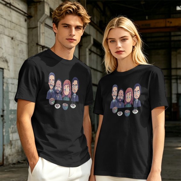 Olive T-shirt with Cartoon Group of Four People and Bowls Print