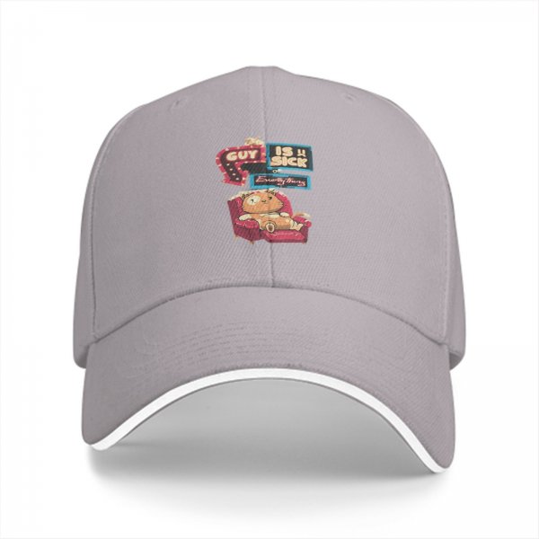 Black baseball cap with a cat lounging and text 'Guy is sick of everything'