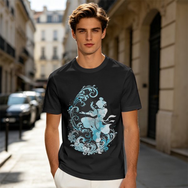 Olive T-shirt with Waterbender Character and Wave Art Print