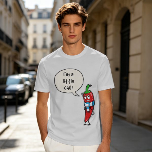 Olive green t-shirt with funny 'I'm a little chili' cartoon chili print