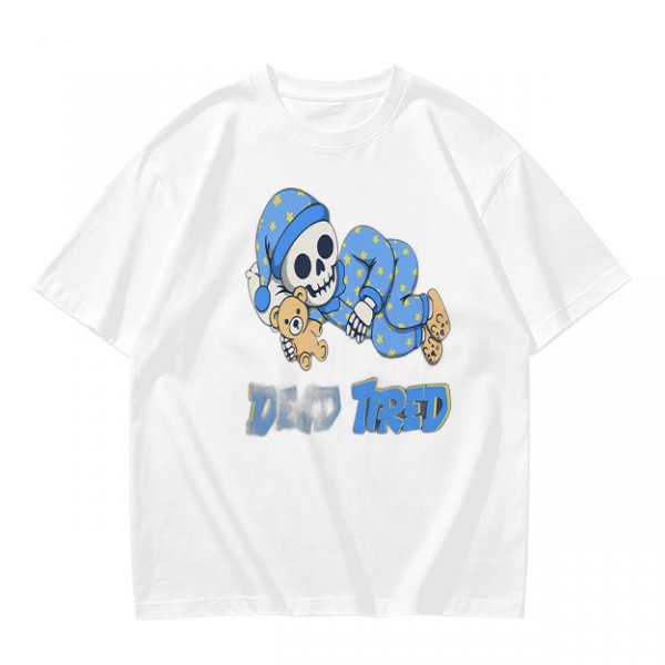 Olive T-Shirt with Sleeping Skeleton in Pajamas 'Dead Tired' Print