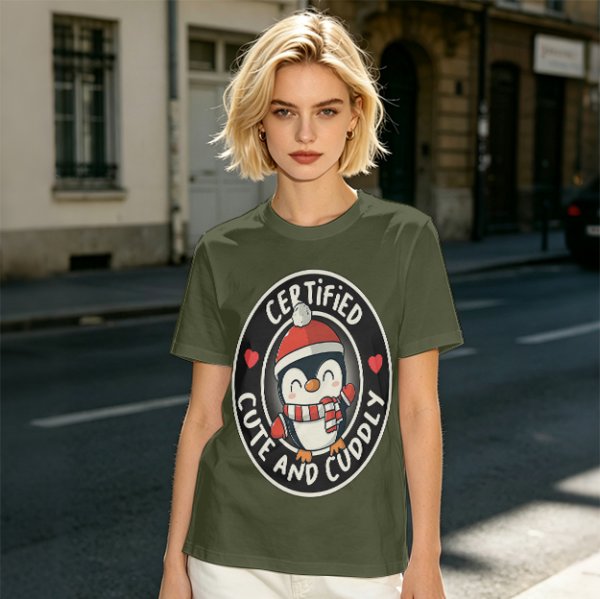 Olive T-Shirt with Cute Penguin 'Certified Cute and Cuddly' Print