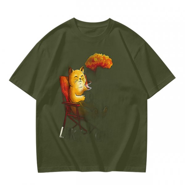 Olive T-Shirt Featuring a Relaxed Cat on a Chair with Fried Chicken Print
