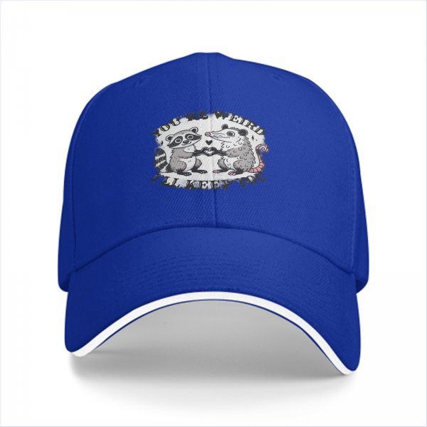 Black baseball cap with raccoon and opossum weird love graphic