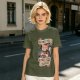 Olive t-shirt with a cat wizard making coffee disappear magic trick print