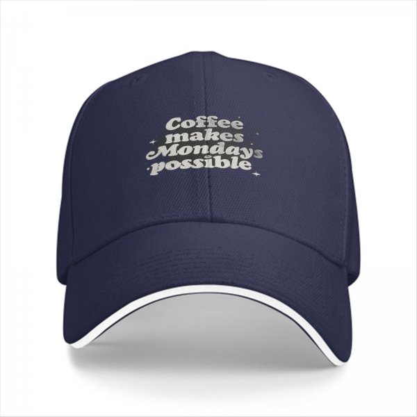 Black baseball cap with 'Coffee makes Mondays possible' print