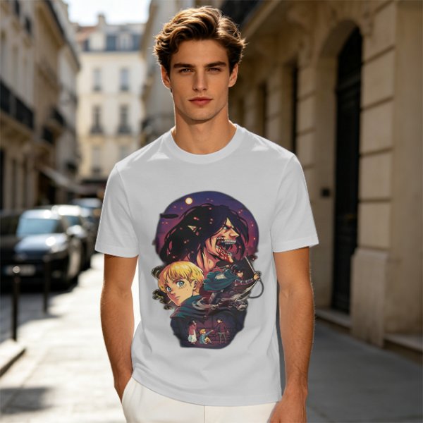 Attack on Titan themed graphic tee with anime character artwork