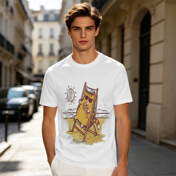 Olive T-Shirt With Cool Cat Lounging On Beach Chair Holding Drink