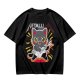 Olive green graphic t-shirt with a cartoon metal cat playing guitar