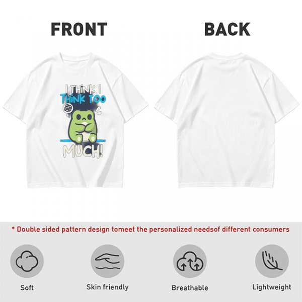 Olive t-shirt with 'I think I think too much' anxious frog print