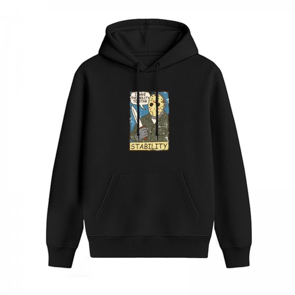 Black hoodie with Jason Voorhees stab stability graphic print