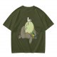Olive T-shirt with whimsical forest spirit and small animal graphic print
