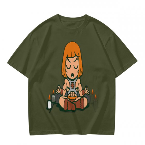 Olive T-shirt with cartoon muscular character meditating surrounded by candles
