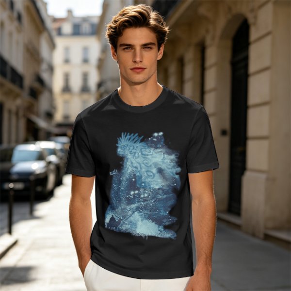 Olive Green T-Shirt With Abstract Blue Water-Inspired Print