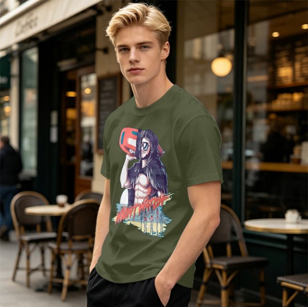 Olive Graphic T-Shirt with Muscular Figure Holding Red Device and Night Watch Text