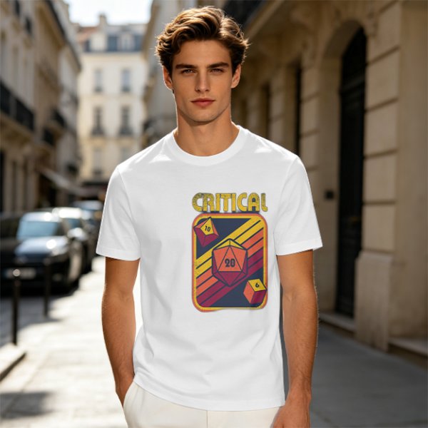 Retro Critical D20 Dice T-Shirt for Tabletop RPG Fans