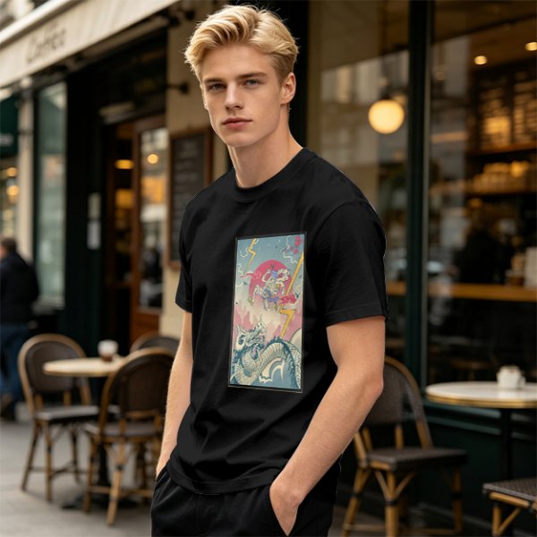 Olive T-shirt with Japanese style dragon and lightning graphic print