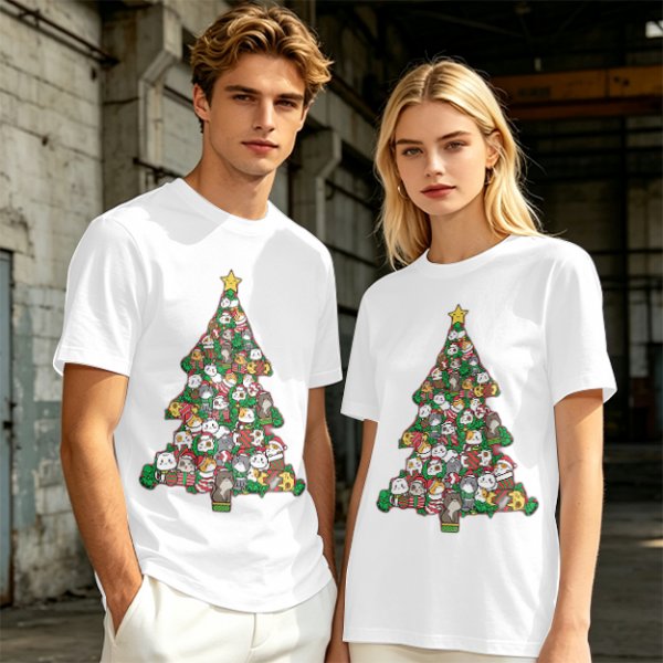 Olive T-Shirt With Cute Cat Christmas Tree Holiday Print