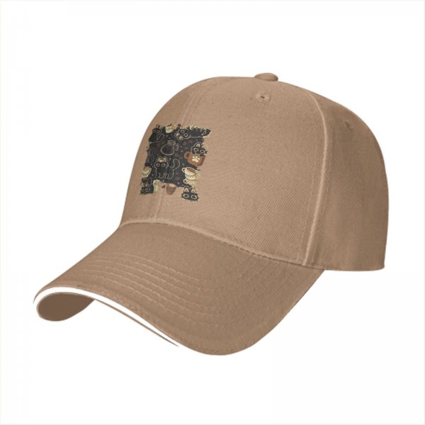 Black Baseball Cap With Cute Cats And Coffee Themed Print