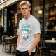 Olive t-shirt with a cartoon apple juice box skeleton graphic