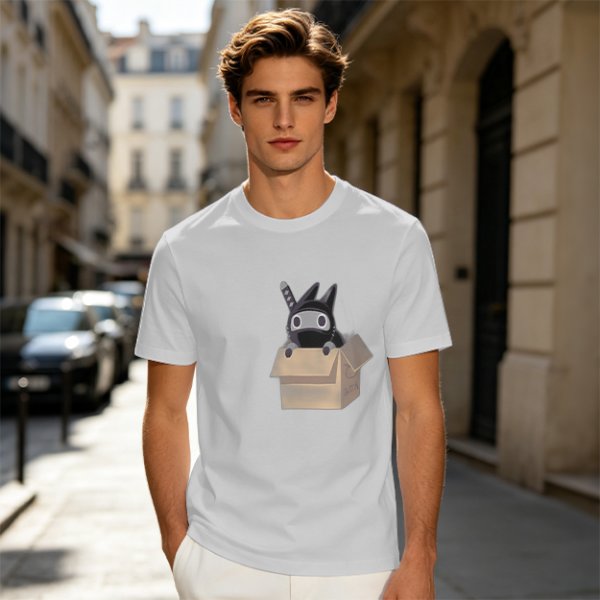 Olive Green T-Shirt With Ninja Cat In Cardboard Box Graphic