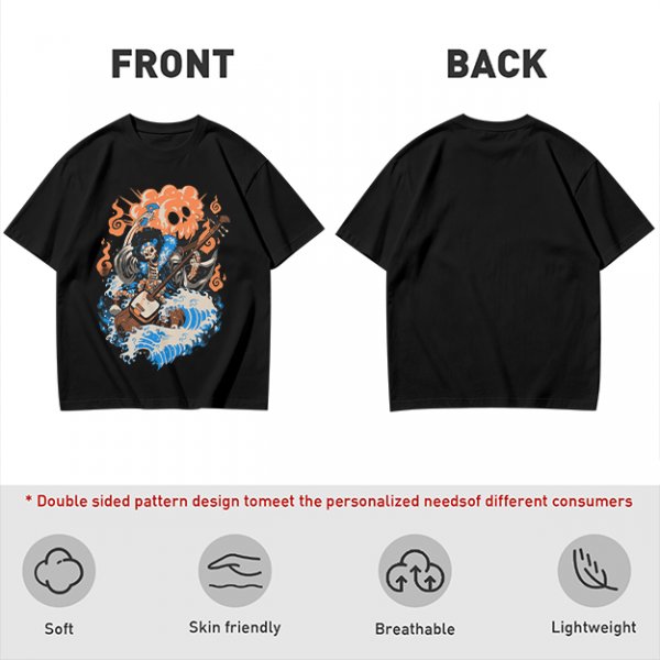 Olive T-shirt with Skeleton Musician Playing Guitar Over Ocean Waves