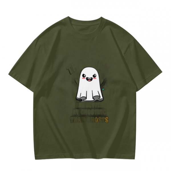 Olive T-shirt with Cute Smiling Ghost Graphic Print