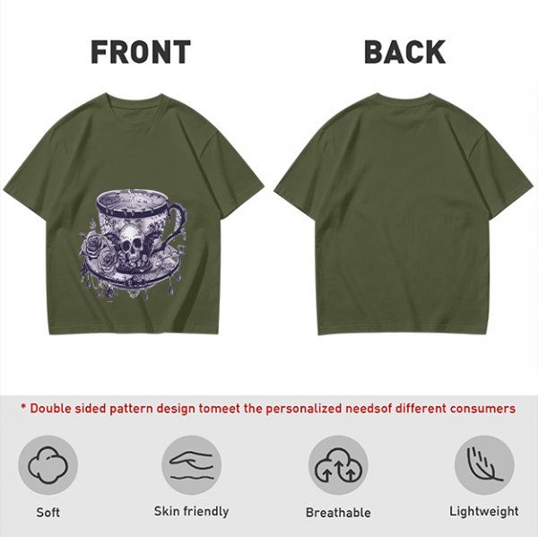 Olive T-shirt with Gothic Skull Teacup and Roses Print