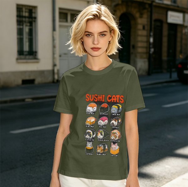 Olive T-Shirt With Sushi Cats Graphic Print
