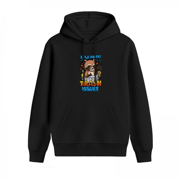 Black hoodie with cute raccoon trash issues graphic