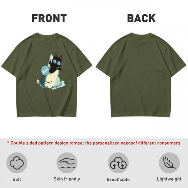 Olive T-Shirt With Black Cat Emerging From Wave Check Mark Print