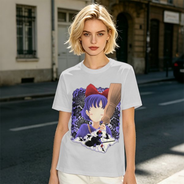 Olive T-Shirt With Witch Anime Girl and Cat Silhouette Print