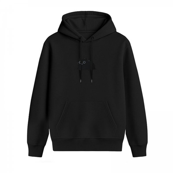 Black Hoodie With Small Minimal Cat Graphic Design