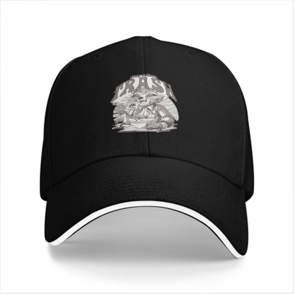Black Baseball Cap With Raccoon Eating Graphic Print