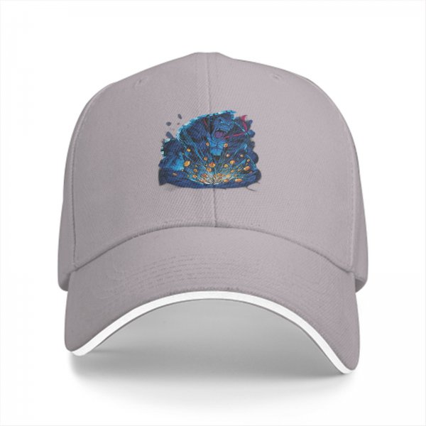 Black baseball cap with blue fantasy character explosion graphic