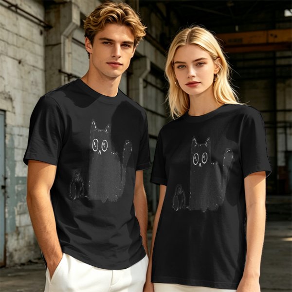 Olive Green T-Shirt With Cute Surprised Black Cat And Bell Print
