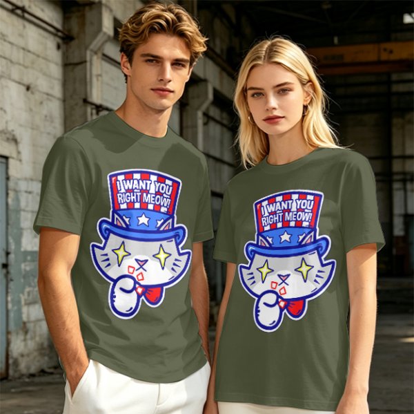 Olive T-Shirt With Patriotic Cat 'I Want You Right Meow' Print