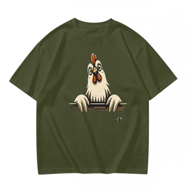 Olive T-Shirt With Surprised Peeking Chicken Graphic And Me? Text