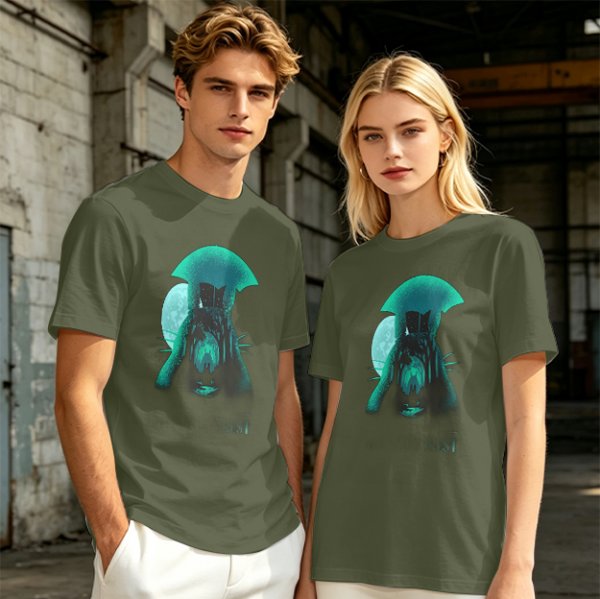 Olive T-Shirt With Glowing Teal Mushroom Creature And Moon Print
