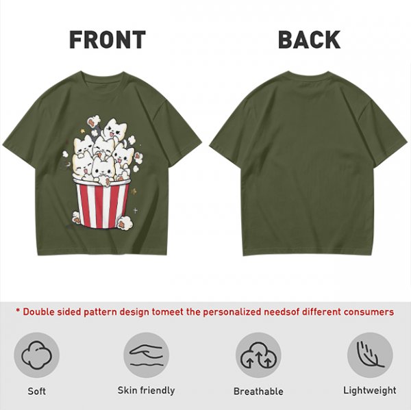Olive T-Shirt With Cute Kitten Popcorn Bucket Graphic