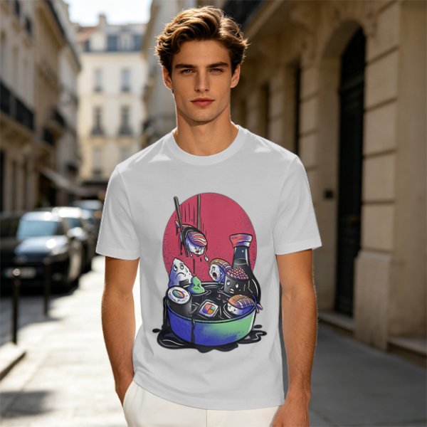 Olive T-Shirt With Anxious Sushi Characters In Soy Sauce Bowl Print