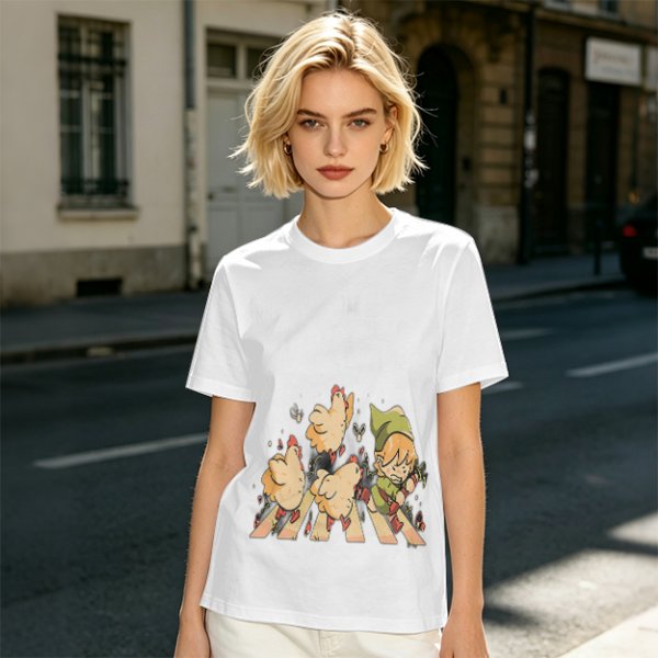 Olive Green T-Shirt With Chasing Chickens And Elf Character Print
