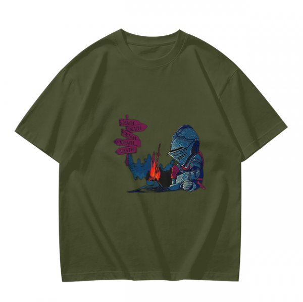 Olive T-Shirt With Dark Souls Knight At Campfire Death Sign Print