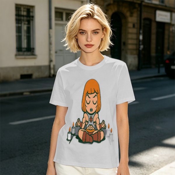 Olive T-shirt with cartoon muscular character meditating surrounded by candles