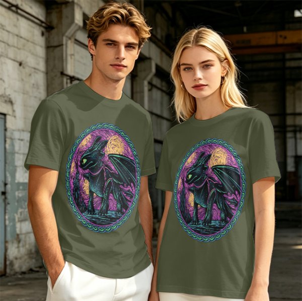 Olive T-Shirt Featuring Stylized Night Dragon In Swirling Oval Art
