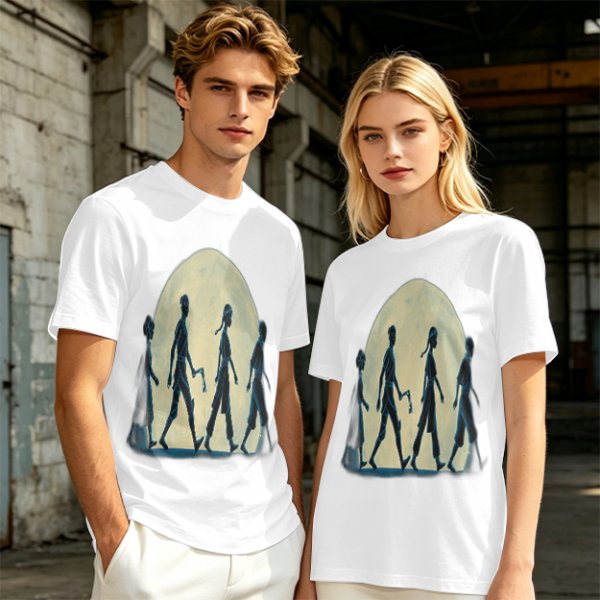 Olive T-shirt with Walking Silhouettes Under a Large Moon