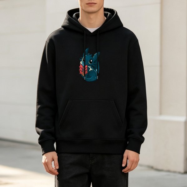 Black hoodie with cute cartoon dragon reading a book graphic