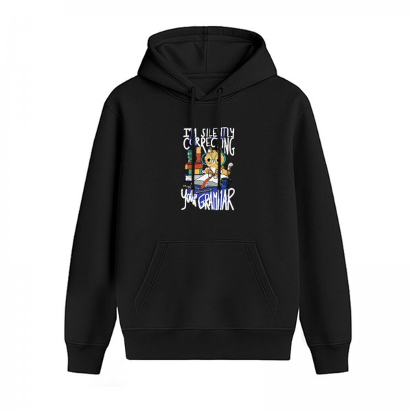 Black hoodie with 'I'm Silently Correcting Your Grammar' cat print